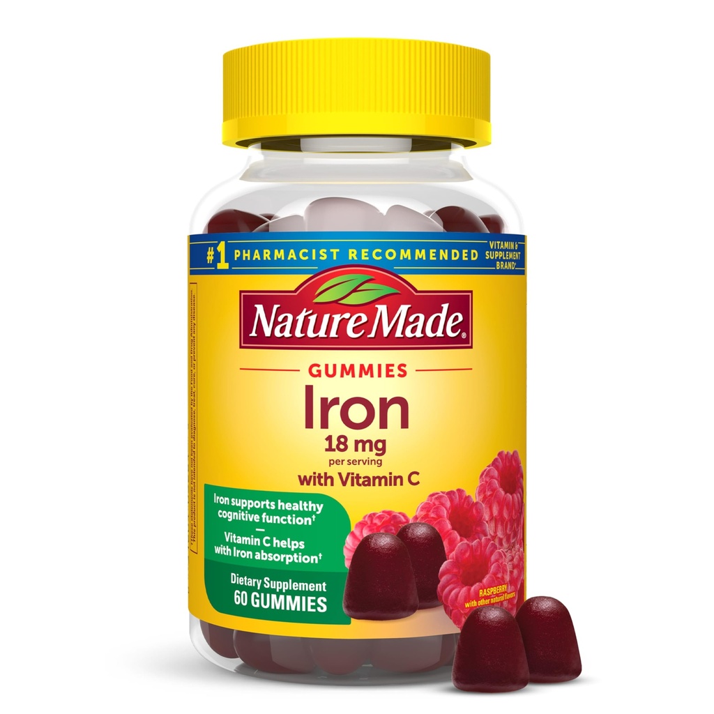 Nature Made Iron 18 mg na porcję z witaminą C, Suplement diety do wsparcia czerwonych krwinek, 60 Gummies, 30 Day Supply