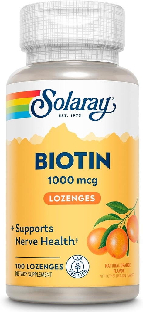 SOLARAY Biotin 1000mcg Lozenges - Biotin Supplement with Vitamin A - Nerve Function and Cellular Energy Support - Natural Orange Juice Flavor, Great Taste, 60-Day Guarantee, 100 Servings, 100 Lozenges
