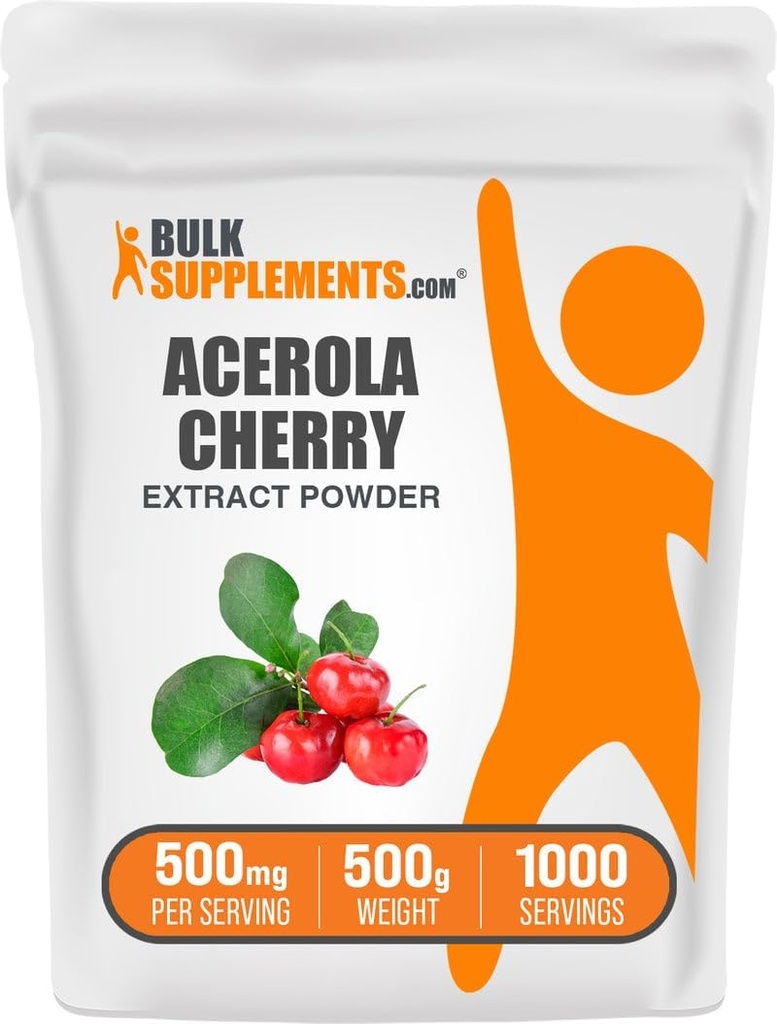 BulkSupplements.com Acerola Cherry Extract Powder - Naturalny suplement witaminy C, Acerola Cherry Powder - Wegan & Gluten Free, 500mg na jedną porcję, 500g (1,1 lbs) (opakowanie po 1)