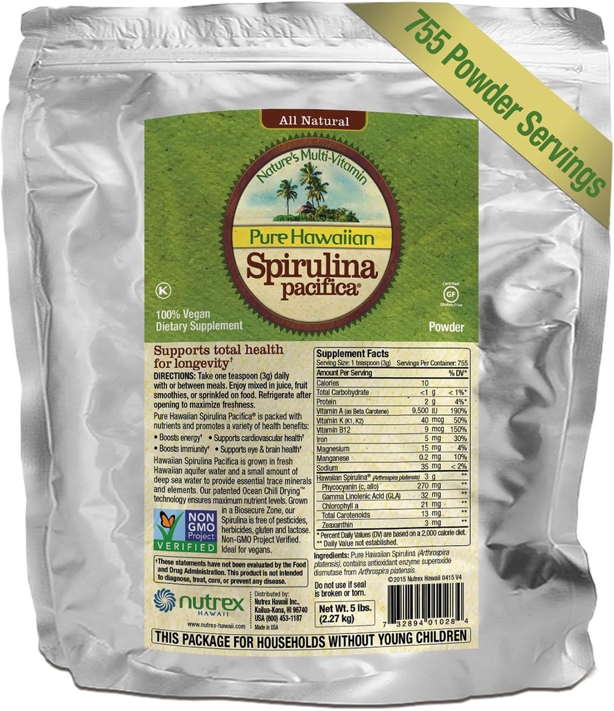 Pure Hawaiian Spirulina Proszek 5 lb worka luzem - zwiększa energię i wspiera odporność - Wegan, Nie GMO - Natural Superfood Urosły na Hawajach