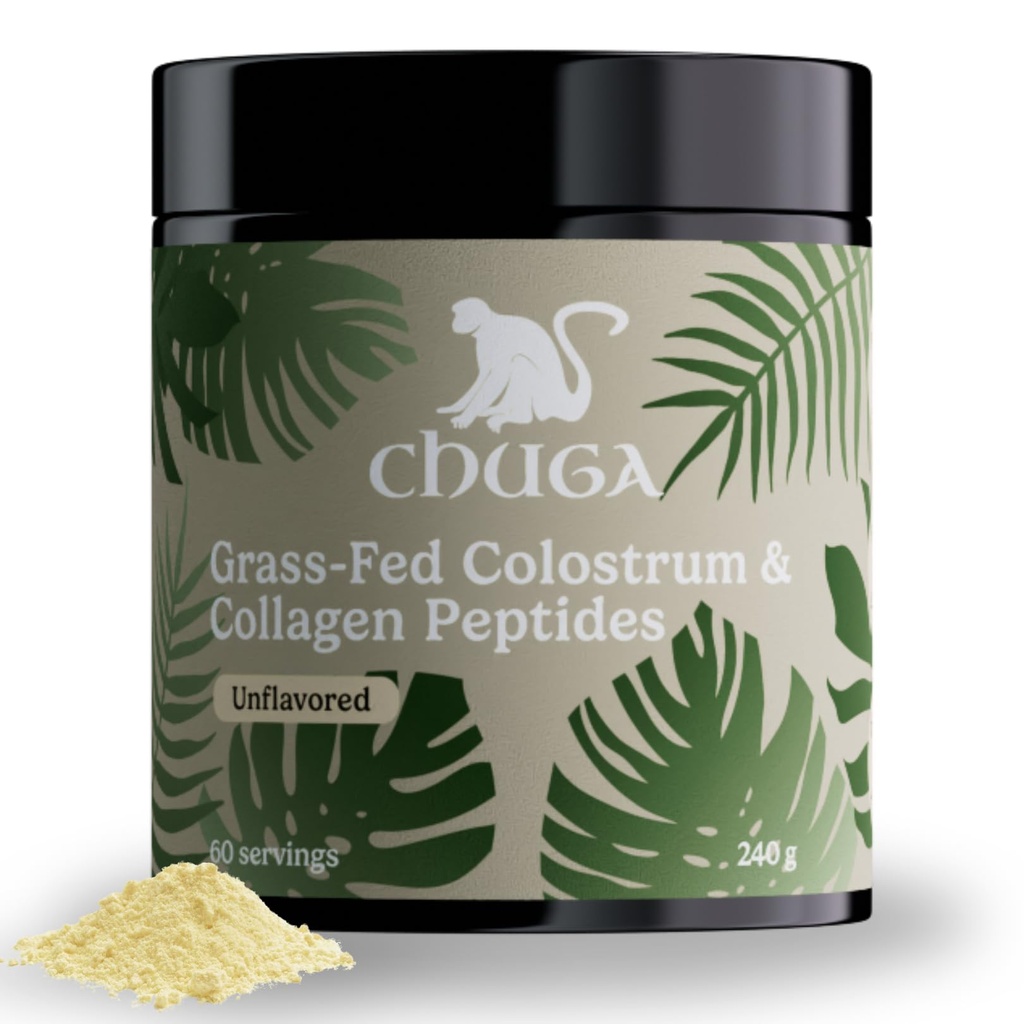 Chuga trawa fed Colostrum & Collagen Peptydes 60 Służenie 124; Wzmocnienie włosów i paznokci 124; Świecenie skóry 124; Wzmocnienie muru Gut