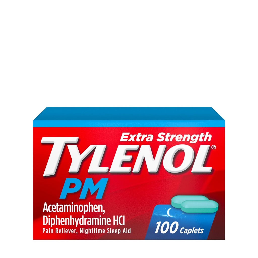 Tylenol PM Extra Strength Nighttime Pain Reliever & Sleep Aid Caplets, Fast, Strong Pain Relief, 500 mg Acetaminophen & 25 mg Diphenhydramine HCl, Non-Habit Forming Medicine for Aches & Cramps, 100 Ct