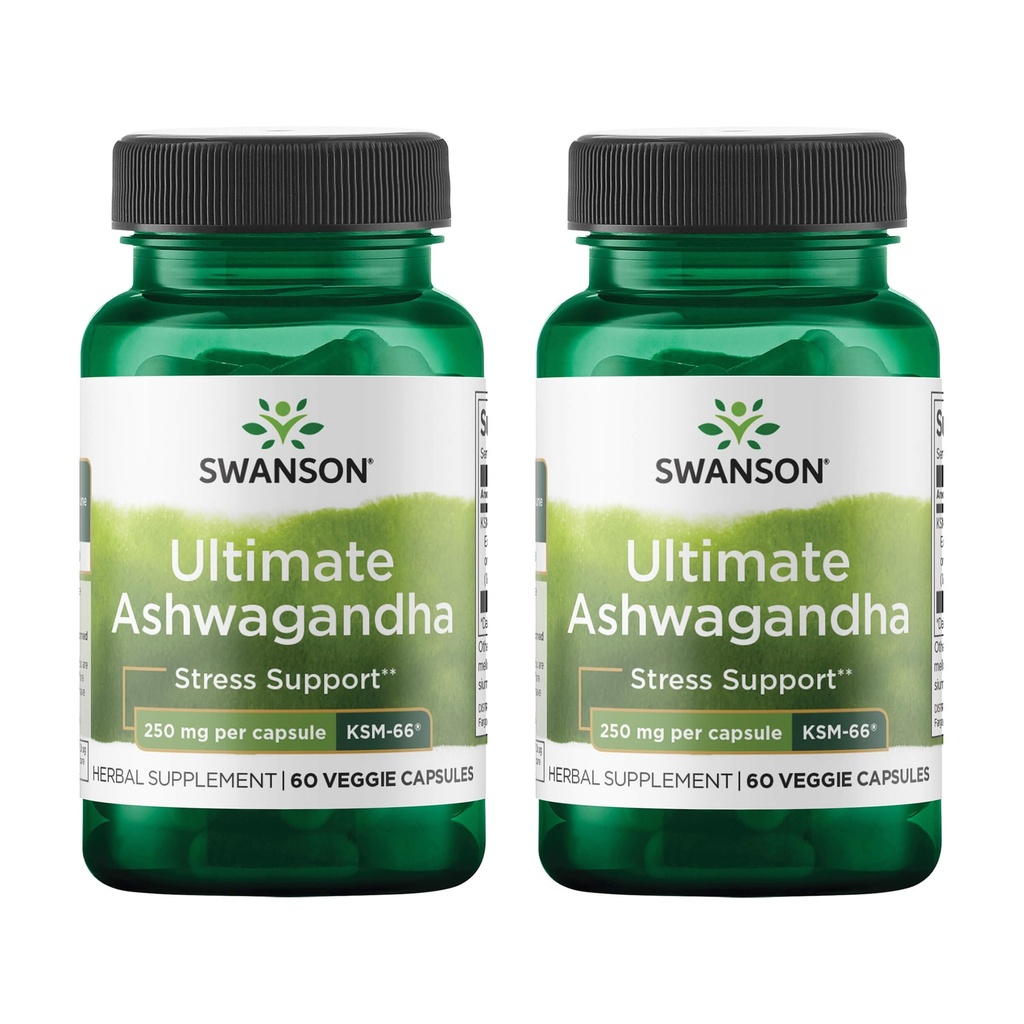 Swanson Ultimate Ashwagandha KSM- 66 - Herbal Supplement Supplement Supplement Supplement Healthy Stress Levels & Relaxation - Natural Formula to Promote a Calm & Relaxed Mindset - (60 Veggie Capsules, 250mg Each) (2 Pack)