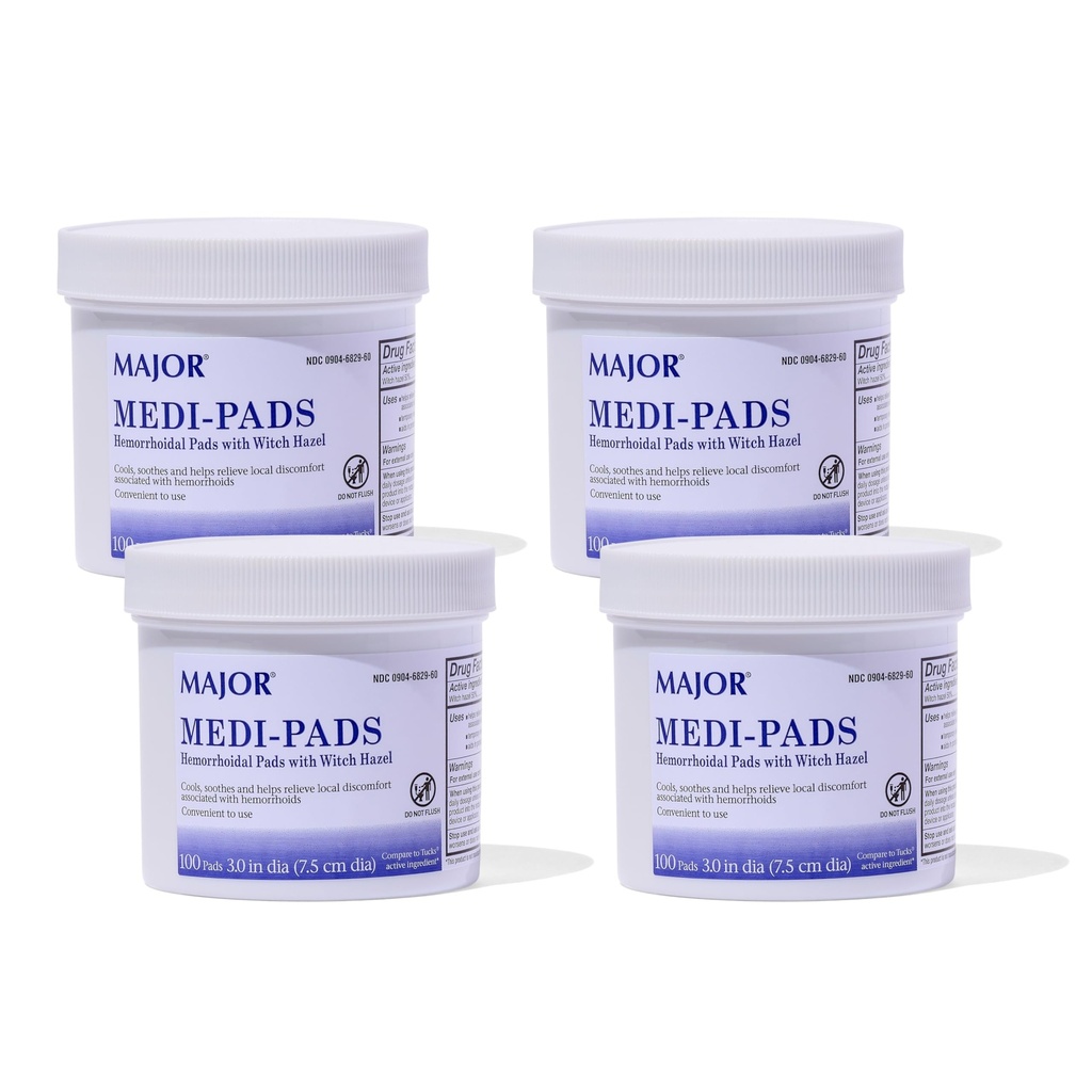 MAJOR Medi- Pads - Hemorrhoidalne Higieniczne Mycie Czarownica Hazel Pads - Chłodzenie Ulgi z Aloe - 100 Hrabia Jar (4 Pack)