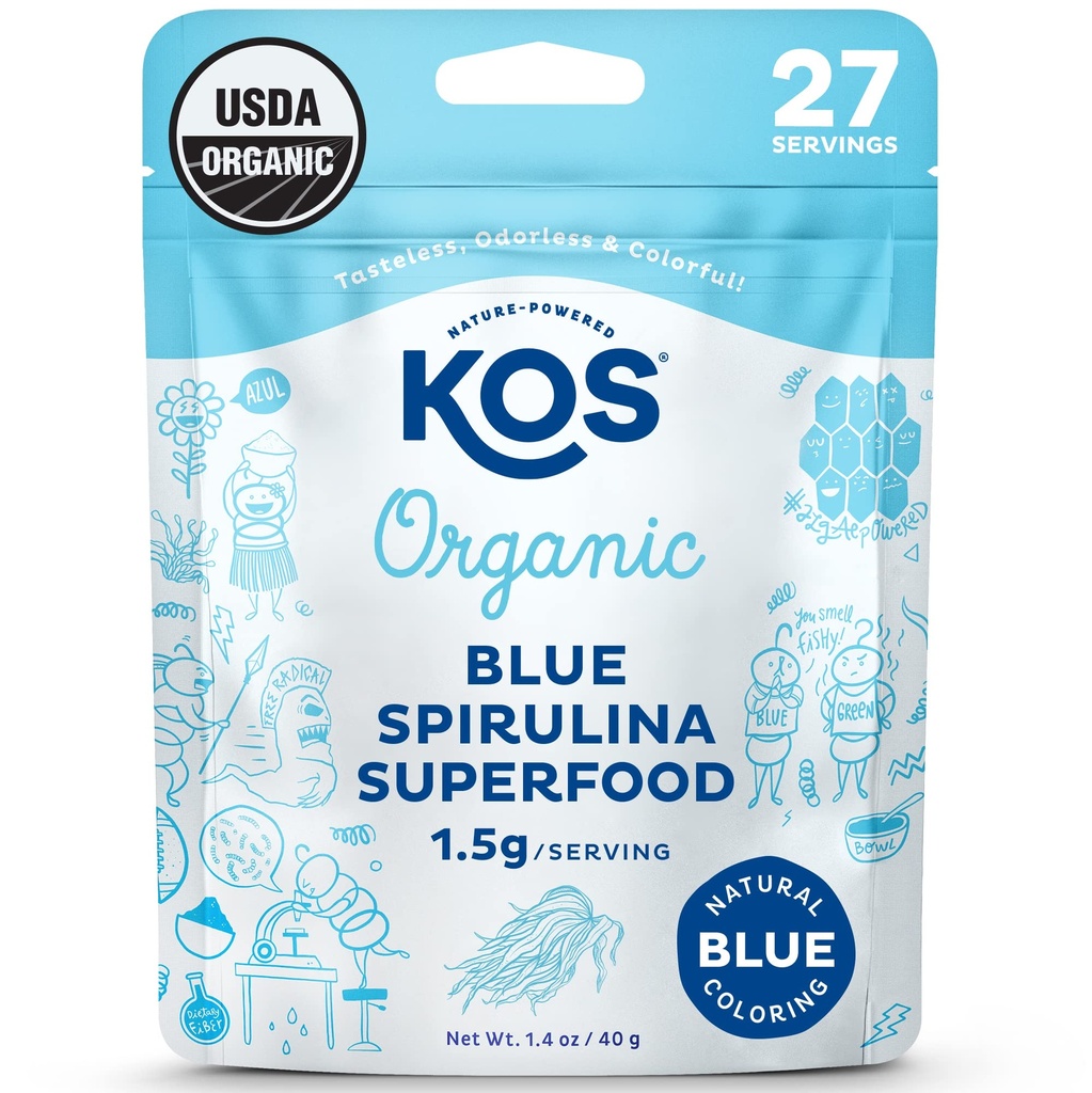 KOS USDA Organic Blue Spirulina Proszek, Fikocyjanina - Wegan Algae Superfood - Naturalne jedzenie Kolorowanki dla Smoothies & Napoje białkowe, Roślina oparta, Nie GMO - 27 Służenie