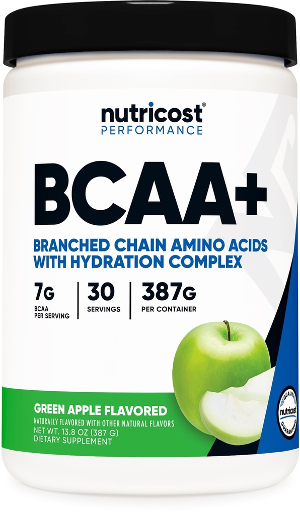 Nutricost BCAA + proszek nawadniający (zielone jabłko) 30 Słupki - Acidy rozgałęzione z kompleksem nawadniającym - Bezglutenowe, Non-GMO