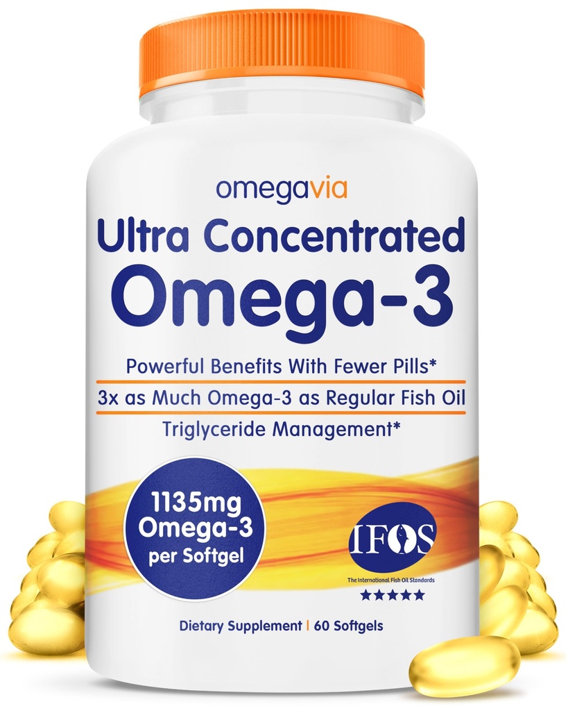 OmegaVia Ultra Concentrated Omega 3 Fish Oil Burpless, 60 Softgels, Triple Strength Omega 3 Fish Oil Supplements, 1135 mg Pure Omega3, No Fishy Burps, High EPA DHA DPA, IFOS 5-Star