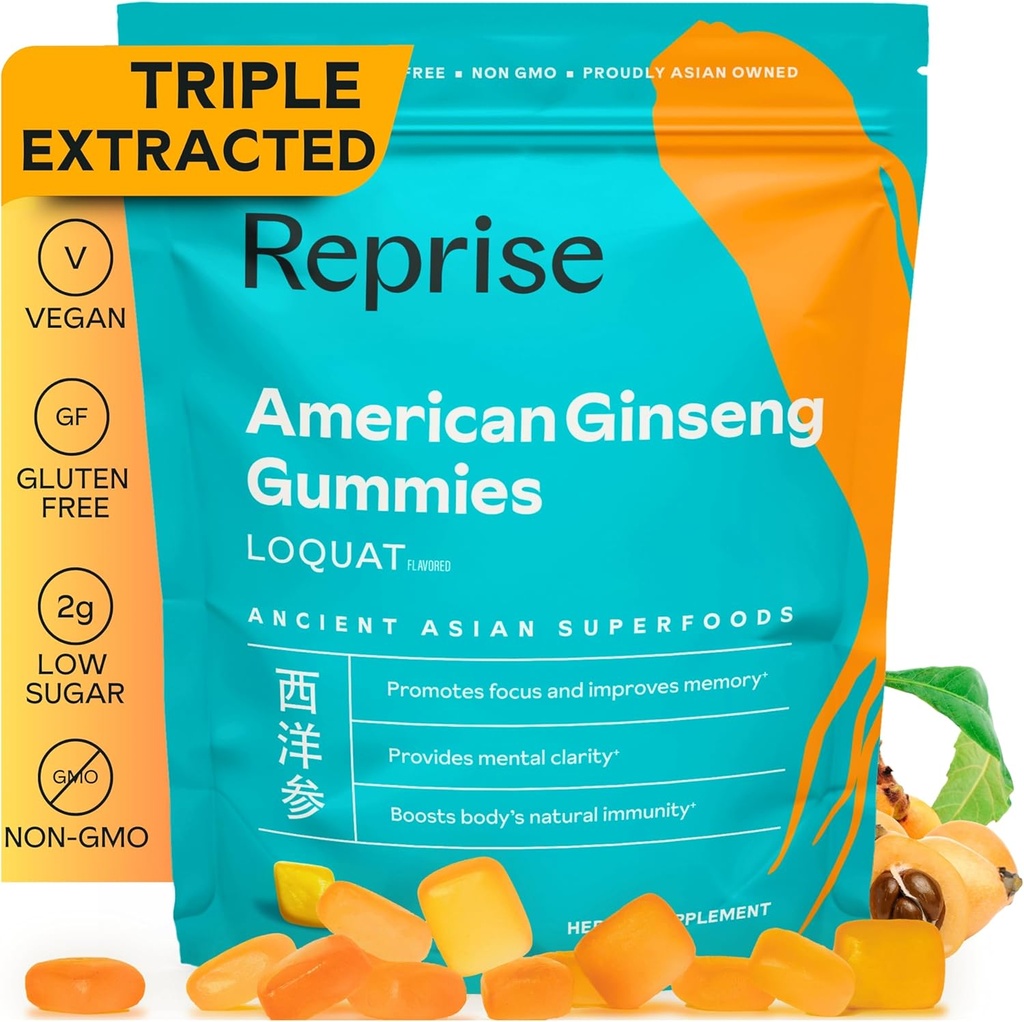 American Ginseng Energy Boost Gummies - All- Natural Full- Pottency American Ginseng, Pomaga podnieść energię, Focus i zapewnia wsparcie immunologiczne, Low- Sugar, Wegan, 45 Gummies, Loquat Flavor