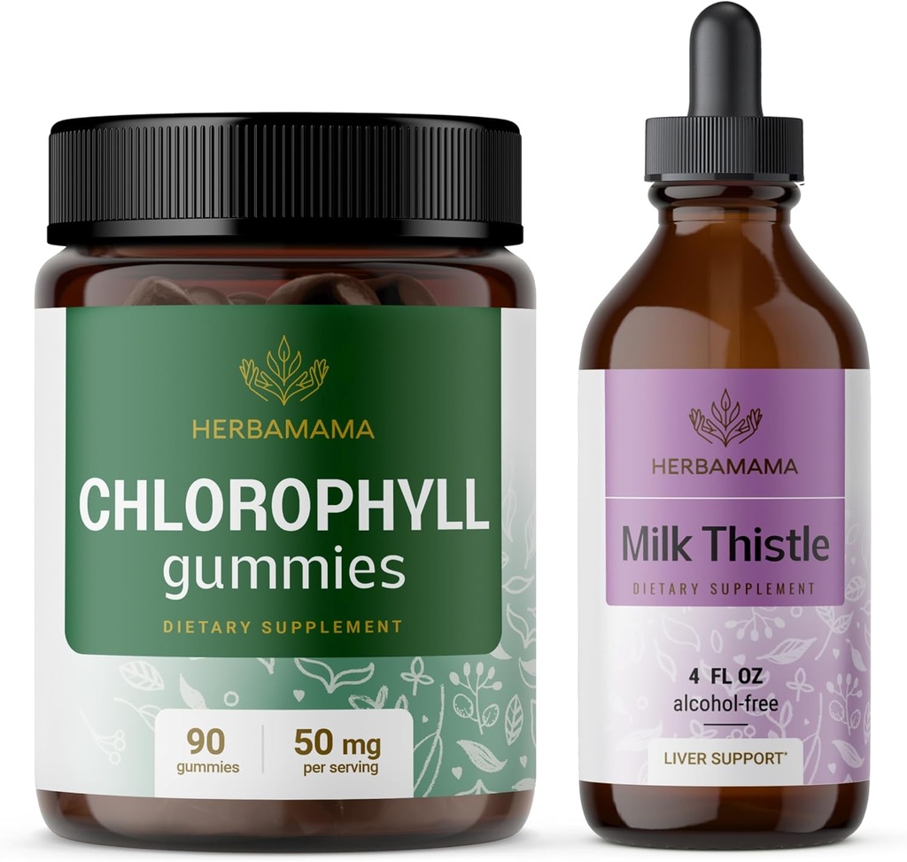 HERBAMAMA Chlorophyll and Milk Thistle Kit - Bundle of 50 mg Chlorophyll Gummies & Milk Tistle Extract Tincture 4 fl oz - Vegan, Non-GMO, Sugar & Alcohol- Free - 2 Pack