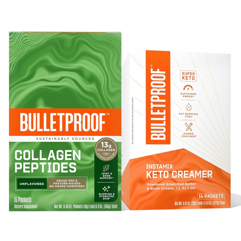 Kuloodporna kawa Duo - InstaMix Keto Coffee Creamer z Grass- Fed Ghee i olej MCT, 14 Pack & Unflavored Collagen Protein z 13g Grass- Fed Collagen Peptydes for Skin, Kości i łączniki, 15 Pack