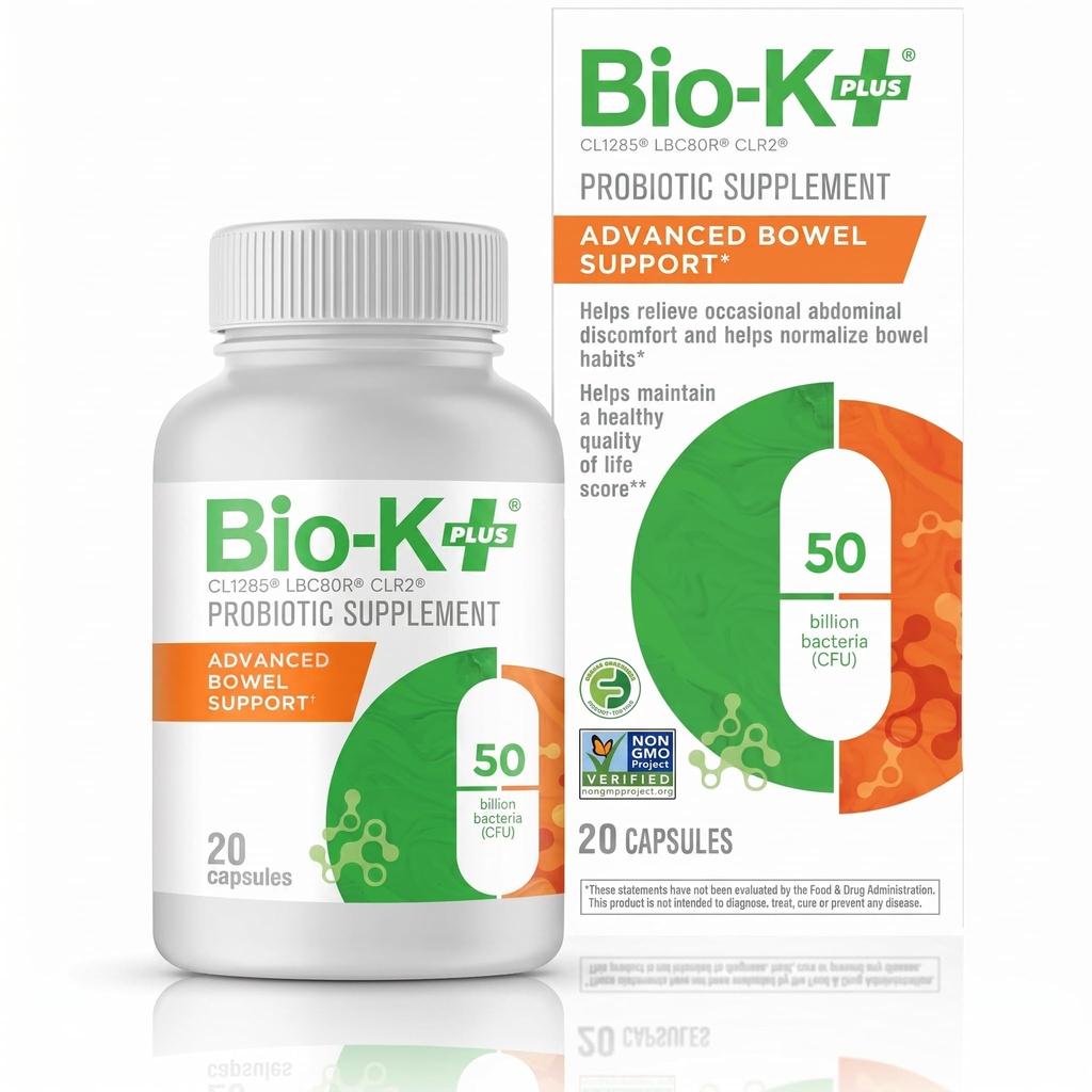 Bio- K + Advanced Bowel Support Probiotic - 50 Miliard CFU - Wegan, Gluten- Free, Non-GMO - Supports Digestive Health & Regularny - dla mężczyzn i kobiet - 20 Kapsułki