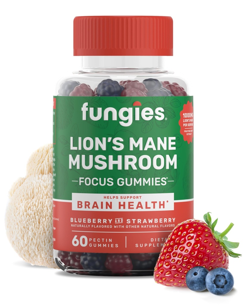 Grzyby grzyby Lwa Gummies Gumki, Mieszane Blueberry & Flavor truskawki - Gummy suplement do grzybów dla dorosłych i dzieci wspiera zdrowie mózgu, Funkcje poznawcze, Focus, Pamięć i nastroje, 60 Służenie
