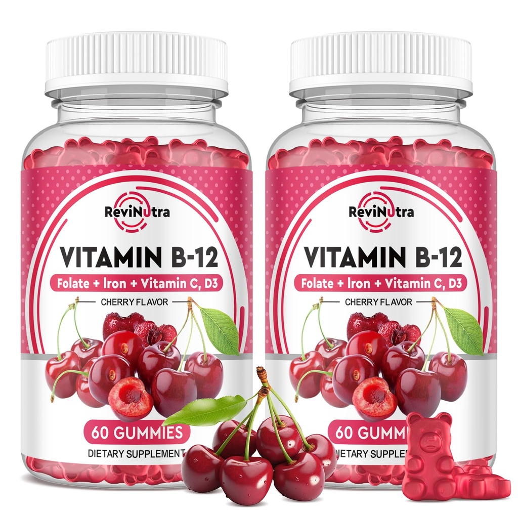 Witamina B12 Gumiaki - 5000 µg Metylkobalamina z żelazem, Witamina C, D3 & Folate, Wsparcie energetyczne i Metabolizm, Immune, B- 12 Kompleks Suplement do żucia dla mężczyzn i kobiet, 120 Hrabia, 2 Pack