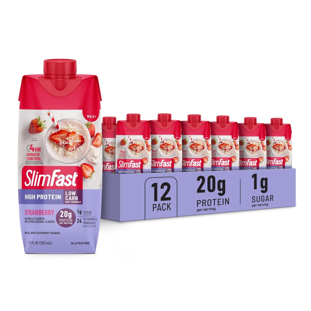 SlimFast Protein Shake, Strawberry- 20 g Protein, Meal Replacement Shake Ready to Drink, Wysoki poziom białka z niskim węglowodorem i niskim cukrem, 24 witaminy i minerały, 12 Hrabia (Packaging May Vary)
