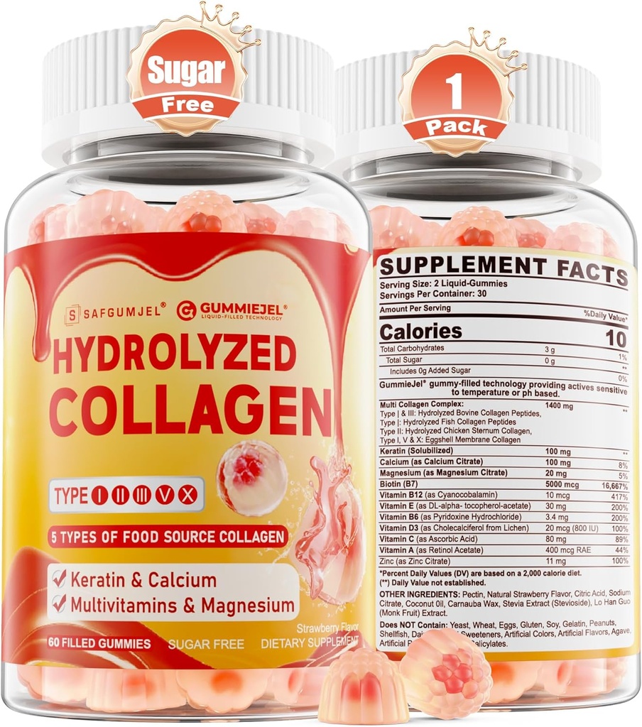 Kolagen Peptyd Gumiaki dla kobiet Mężczyźni, Sugar Free Multi Colagen Suplement, 1400mg Zhydrolizowane Kolagen Typy I II III V X, 5000mcg Biotin, Witamina C A E D3 B6 dla włosów, skóry i paznokci, kości, 60Cts