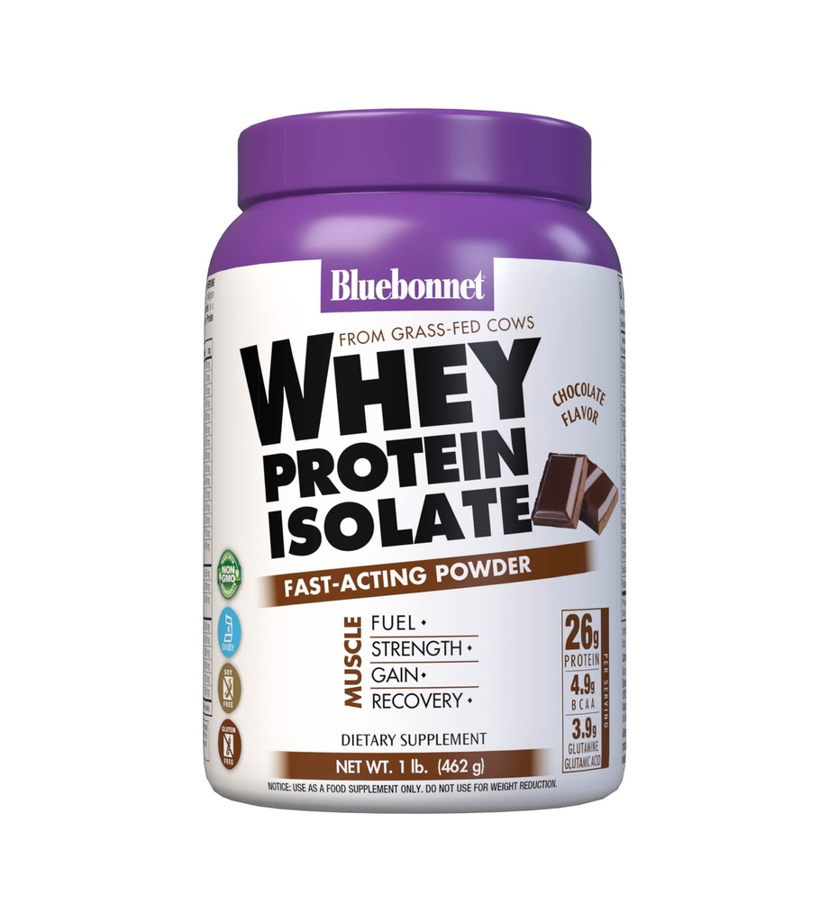 Bluebonnet Nutrition Serwatka Protein Isolate Proszek, Serwatka z trawy Krowy karmione, 26g białka, No Sugar Added, Gluten Free, Soy free, koszerne Dairy, 1 Lb, 14 Sług, Czekoladowy Flavor