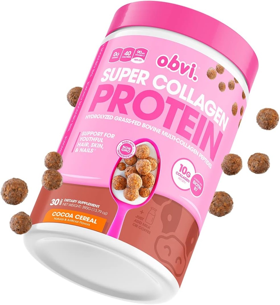 Obvi Multi- Collagen Super Protein Powder (Czekoladowy Cereal, 14 Oz) 124; Keto- Friendly, Gluten i mleczny wolny 124; Zhydrolizowane Grass- fed Kolagen Bovine Peptydes 124; Wspiera Gut Health, Zdrowe włosy, Skóra, Nails