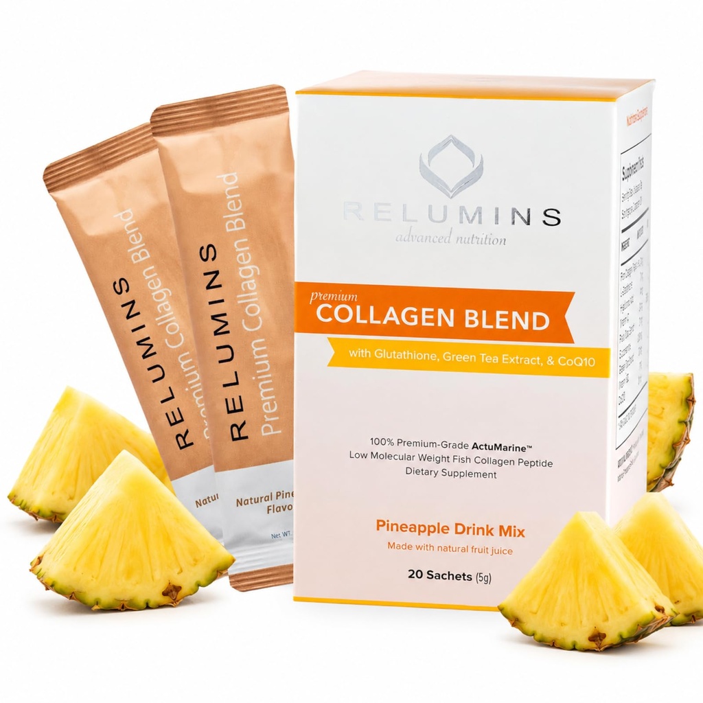 Reluminy Marine Collagen Proszek Drink Mix - Kolagen Peptyd z Glutathione, Zielona herbata, CoQ10, & Kwas hialuronowy Wzmacnia połysk skóry - 100 Proszek Saszetki x Ananas Flavored + 10 Darmowe Saszetki