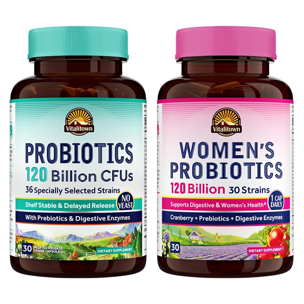 Vitalitown Probiotic Bundle (Pack of 2) | Probiotics 120 Billion CFUs (Item 1) & Women’s Probiotics (Item 2) | Shelf Stable, Once Daily | Gut, Immune, Vaginal Health | 60 Capsules | 30 Day Supply Each