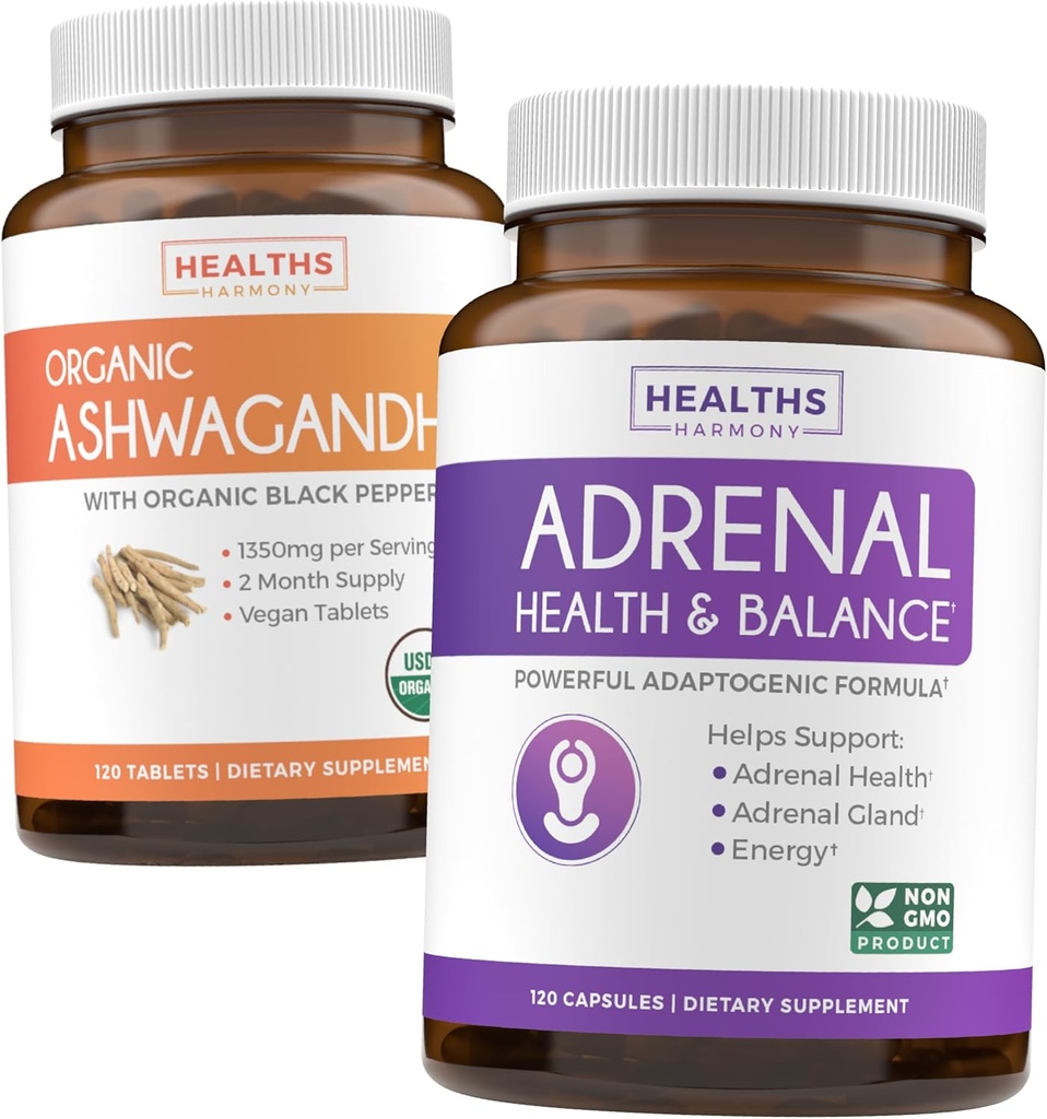 Ashwagandha & Adrenal (2-Month Supply) Adrenal Balance Pack - Organic Ashwagandha Natural Adrenal & Cortisol Support (120 Caps) & Adrenal System & Cortisol Manager L-Tyrosine Fatigue Support (120 Cap)