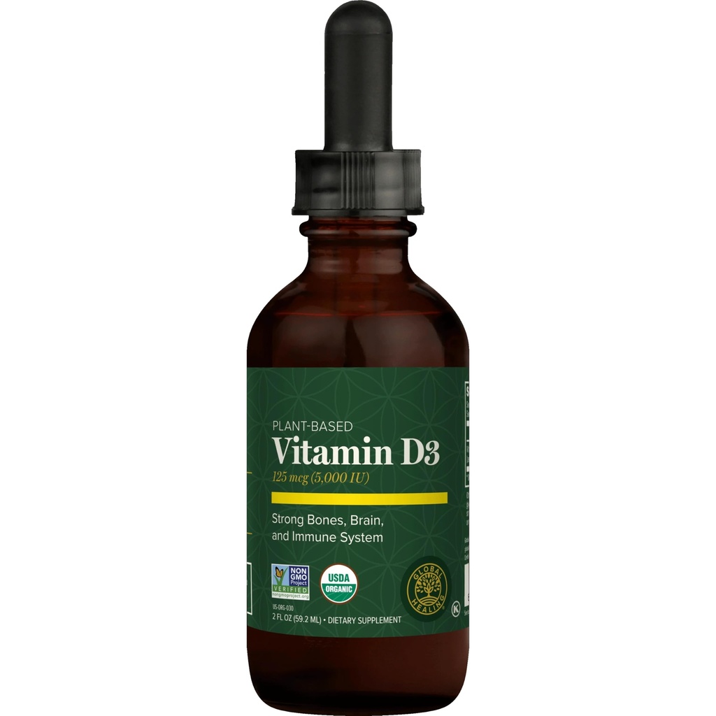 Global Healing Organic Witamina D3 5000 j.m. Suplement - Wegańskie suplementy witaminy D dla immunologicznego zdrowia i silnego wsparcia kości - Czysty D3 Witamina 5000 j.m. Składniki, Vit D3 - 2 Fl Oz