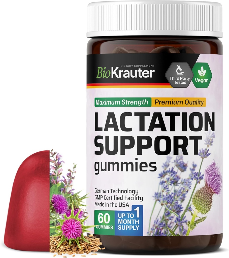 BIO KRAUTER Lactation Support Gummies - 60 Chews - Natural Lactation Supplement - Kozy Rue, Kozieradka pospolita, Ekstrakty Otyłki mleka - Wegańskie dodatki do karmienia piersią
