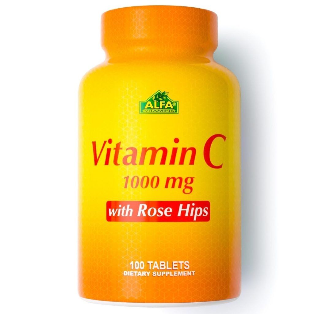 ALFA VITAMINS Witamina C z Rose HIPS z 1000 mg Witamina C na Serving - Przeciwutleniacz & Wsparcie immunologiczne + Wsparcie zdrowej skóry i połączeń - Nie GMO, Wegan, Gluten Free, Dairy Free - 100 Tabletki