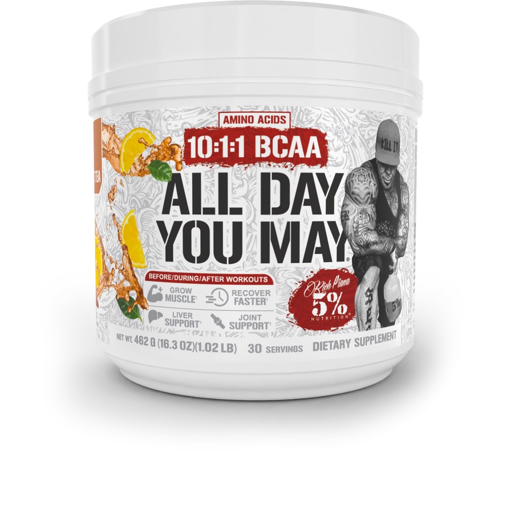 5% Żywienie bogaty Piana AllDayYouMay BCAA Proszek Premium Intra & Post Trening aminokwasów, Nawadnianie, Endurance, Odzyskiwanie mięśni, Joint & Liverpool 124; 16.3 oz, 30 Srvgs (Southern Sweet Tea)