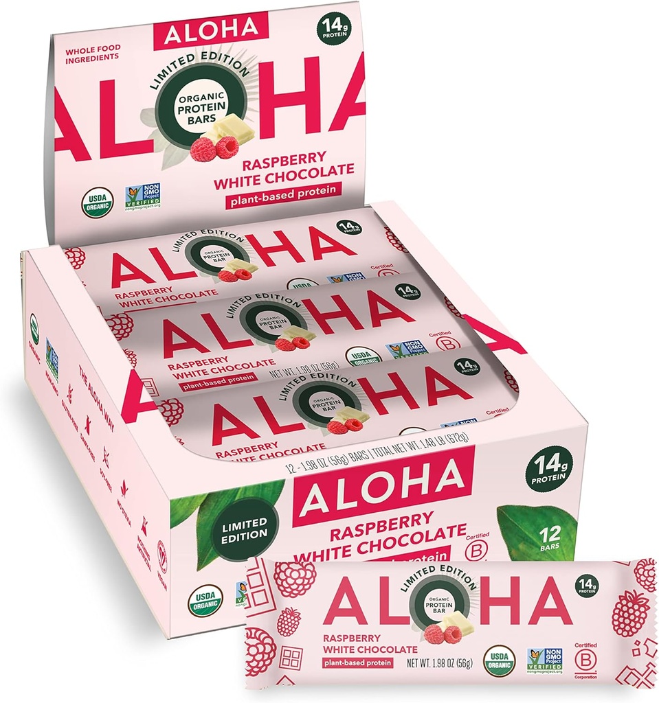 ALOHA Organic Plant Based Protein Bars 124; Malina Biały Czekolada 124; 12 Hrabia, 1.98oz Bary Białe 124; Wegan, Low Sugar, Gluten Free, Paleo, Low Carb, Non-GMO, Stevia Free, Soy Free, No Sugar Alcohol Sweeteners: LIMITED Edition