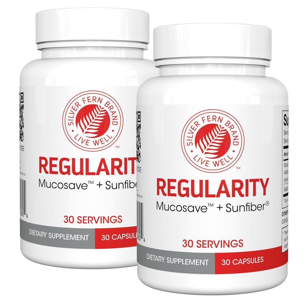 Silver Fern Brand Regularity Digestive Supplement - 2 Butelki = 60 Kapsułki = 60 Day Supply - Mucosave FG (Prticiopear Polisaccharides & Olive Leaf Polyphenols) & SunFiber