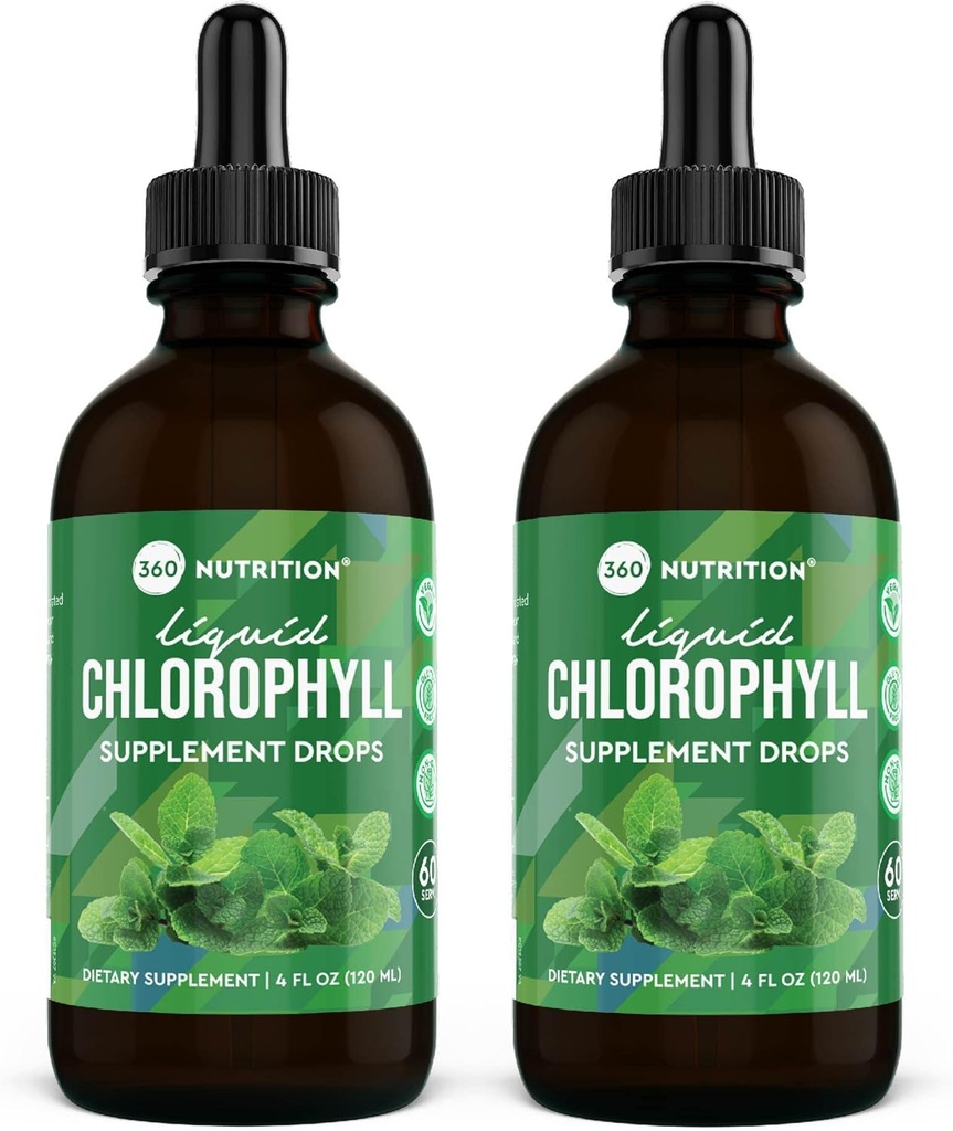 360 Chlorofil odżywczy krople płynne z olejem z mięty pieprzowej, GF & Wegan Body wewnętrzny suplement deodorowy, Wspiera Gut zdrowia, trawienie, energia, Promieniowa skóra, Szybka absorpcja (4 Fl Oz (2 Count))