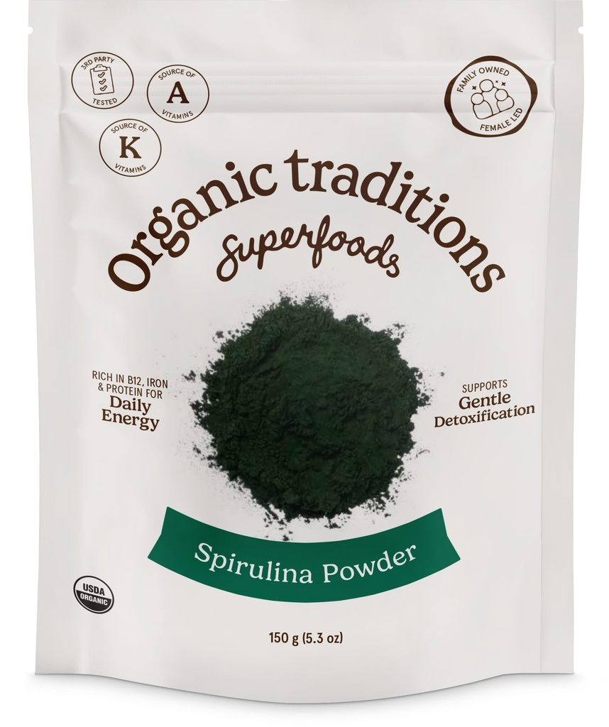 Organiczne Tradycje Organiczne Spirulina Proszek Wegan Non-GMO Superfood, 5.3oz (150g) Bag, 50 Sług za worek