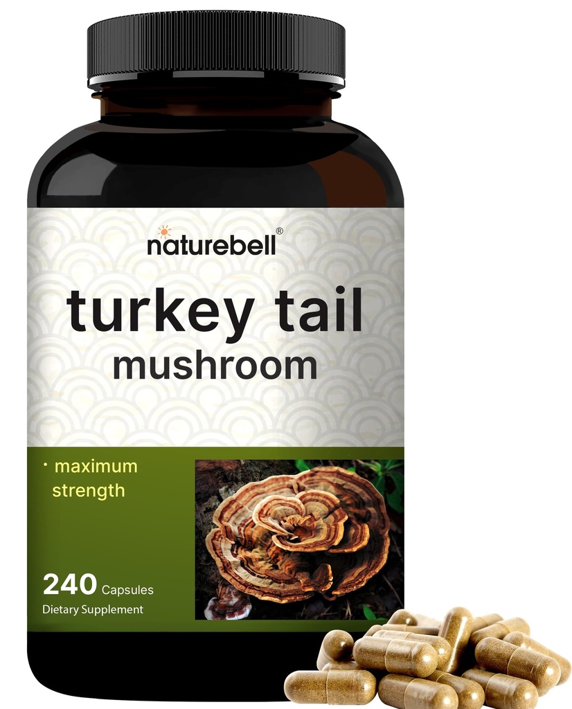 NatureBell Turcja Tail Mushroom Capsule 15,000mg Per Serving, 240 Count Between 124; 25: 1 Fruiting Body & Mycelium Extract - Immune & Brain Health Mushroom Supplement.