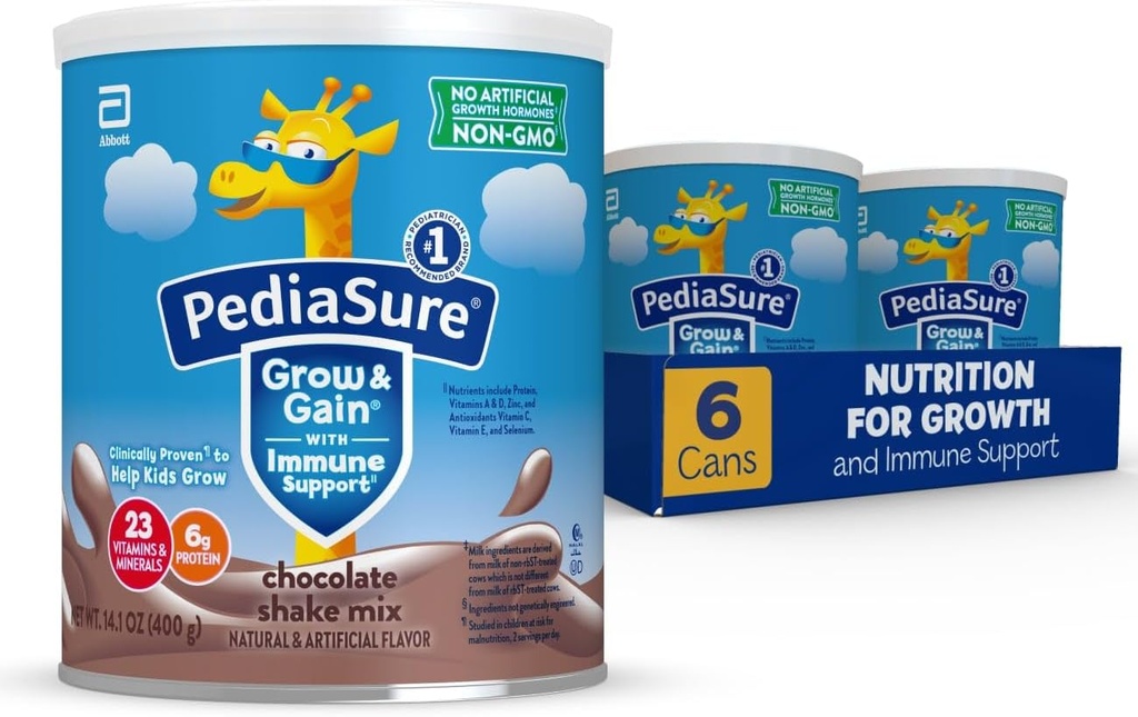 PediaSure Grow & Gain z immunologicznego wsparcia shake mix proszku, 23 witaminy i minerały, 6g białka, nie- GMO, bez glutenu, Żywienie dla dzieci, Czekolada, 14.1 oz puszka, Opakowanie 6- 48 porcji