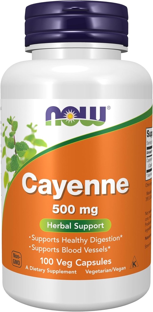 Teraz żywności Suplementy, Cayenne (Capsicum annuum) 500 mg, Herbal Support, 100 kapsułki Veg