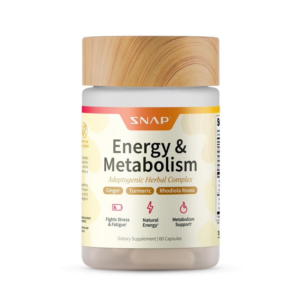 Suplementy Snap Energia & Metabolizm Kompleks Ziołowy dla Zmęczenia, Relief Stress, Energy Booster & Better Mood, Energy Pills for Women & Men, 60 Kapsułki (30 Służenie, 1 Miesiąc dostaw)