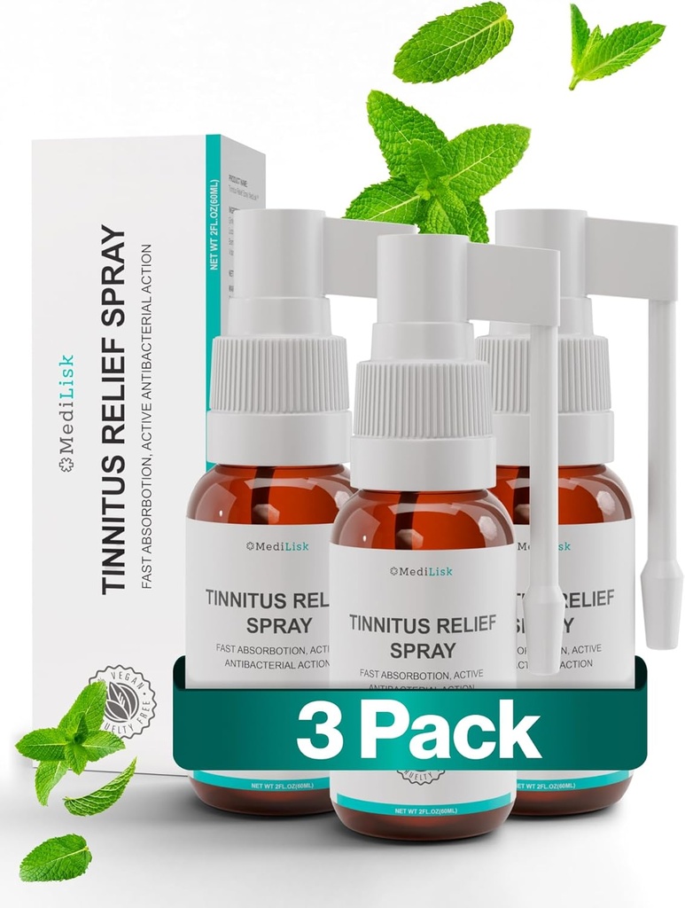 Medilisk Tinnitus Relief Spray – Supports Tinnitus Relief for Ringing Ears – Herbal Ear Care Products – Non-Steroidal & Hypoallergenic – 1 Fl Oz​ – Pack of 3
