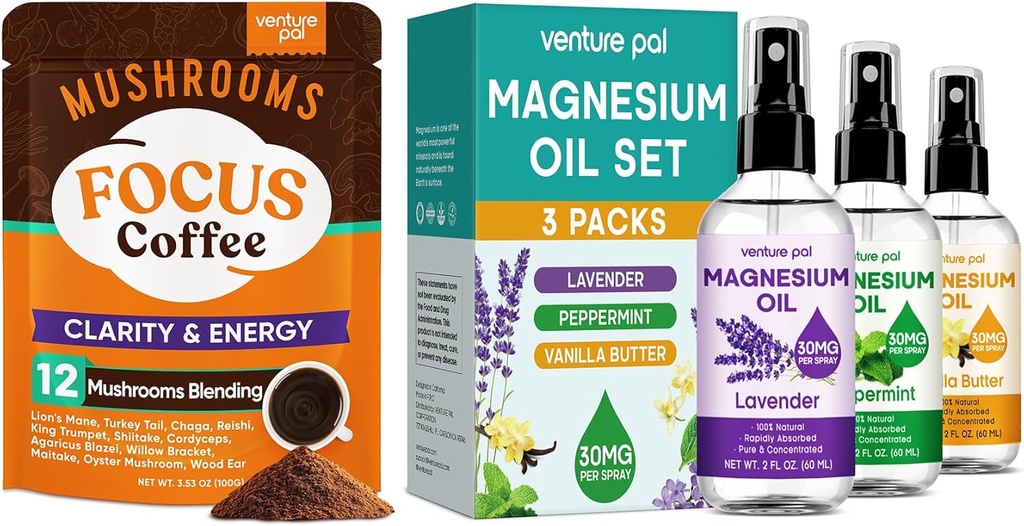 Venture Pal Mushroom Coffee & Magnezu Oil Spray Bundle: 12 w 1 Kawa z Ashwagandha dla Focus & Immunitet + 3 Pakiety Pure Magnezu Spray dla Relaks, Sleep & Relief mięśni - 40 Sługi