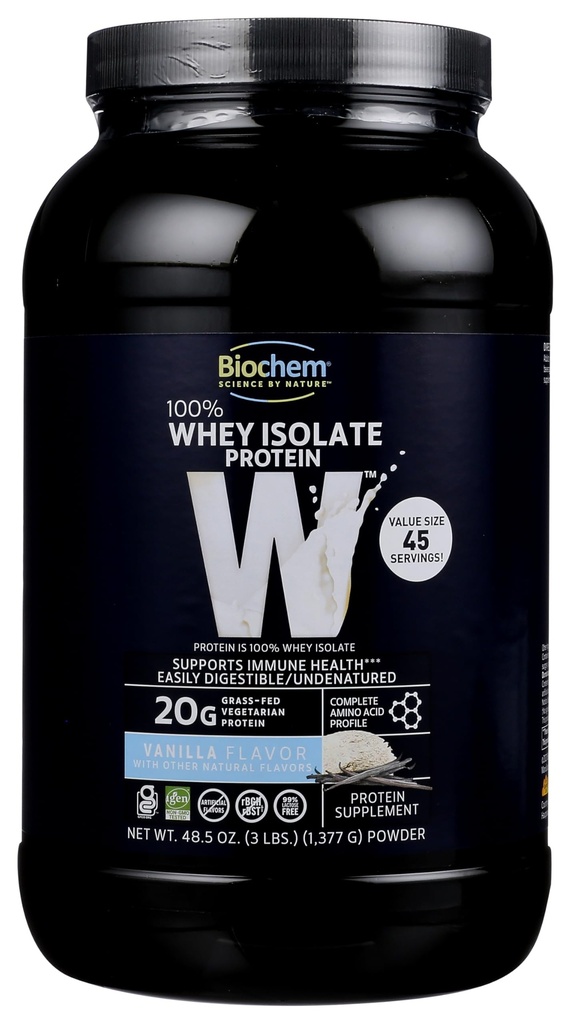 Biochem 100% Serwatka Isolate Protein Powder, Vanilla Flavor, 20g Grass- Fed Protein, Keto Friendly, Gluten Free, Easy Digestible, Wegetarianin, 48.5 oz, 45 Służenie