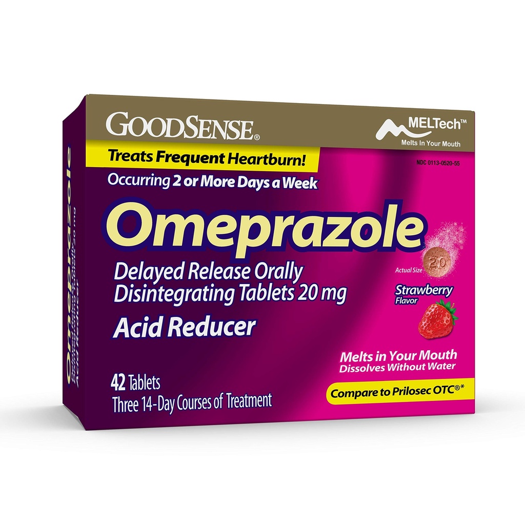 GoodSense Omeprazol Opóźnione uwalnianie oralnie Rozpuszczające tabletki 20 mg, Strawberry Flavor, Rozpuścić Tabs, Leczenie częste Heartburn, Reduktor kwasu, Heartburn Medicine, 42 Tabletki