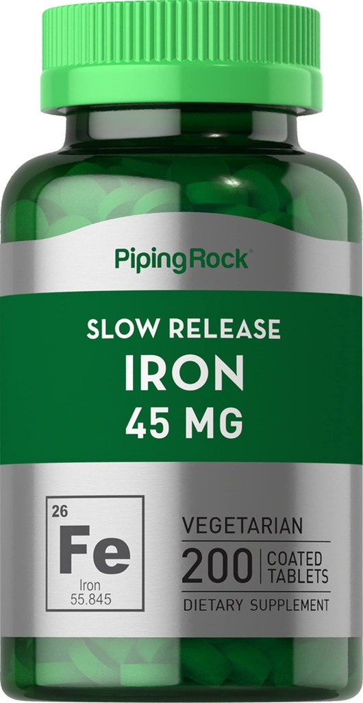 Piping Rock Supplement Żelazo 45 mg Bis 124; 200 Tabletki 124; dla kobiet i mężczyzn 124; Wolne uwalnianie siarczan żelaza 124; Wegetarianin, Non-GMO & Gluten Free