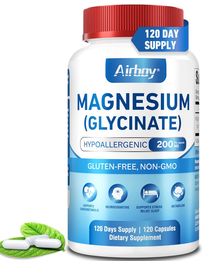 Airboy Magnezu Glycinate 200 mg, Najlepszy Magnezu Glycinate do snu, 120 Vegan małe kapsułki, Wysoka Absorpcja Relaks, Sen i spokój nastroju, Non-GMO i No gluten