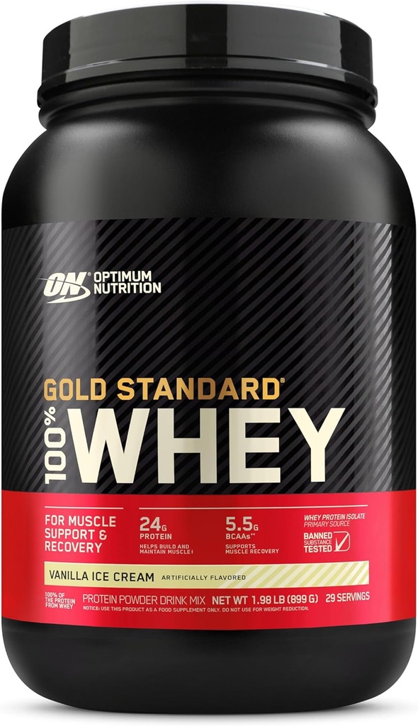 Optimum Nutrition Gold Standard 100% Proszek białkowy serwatki z izolatów serwatki, Lody waniliowe - 2 funty