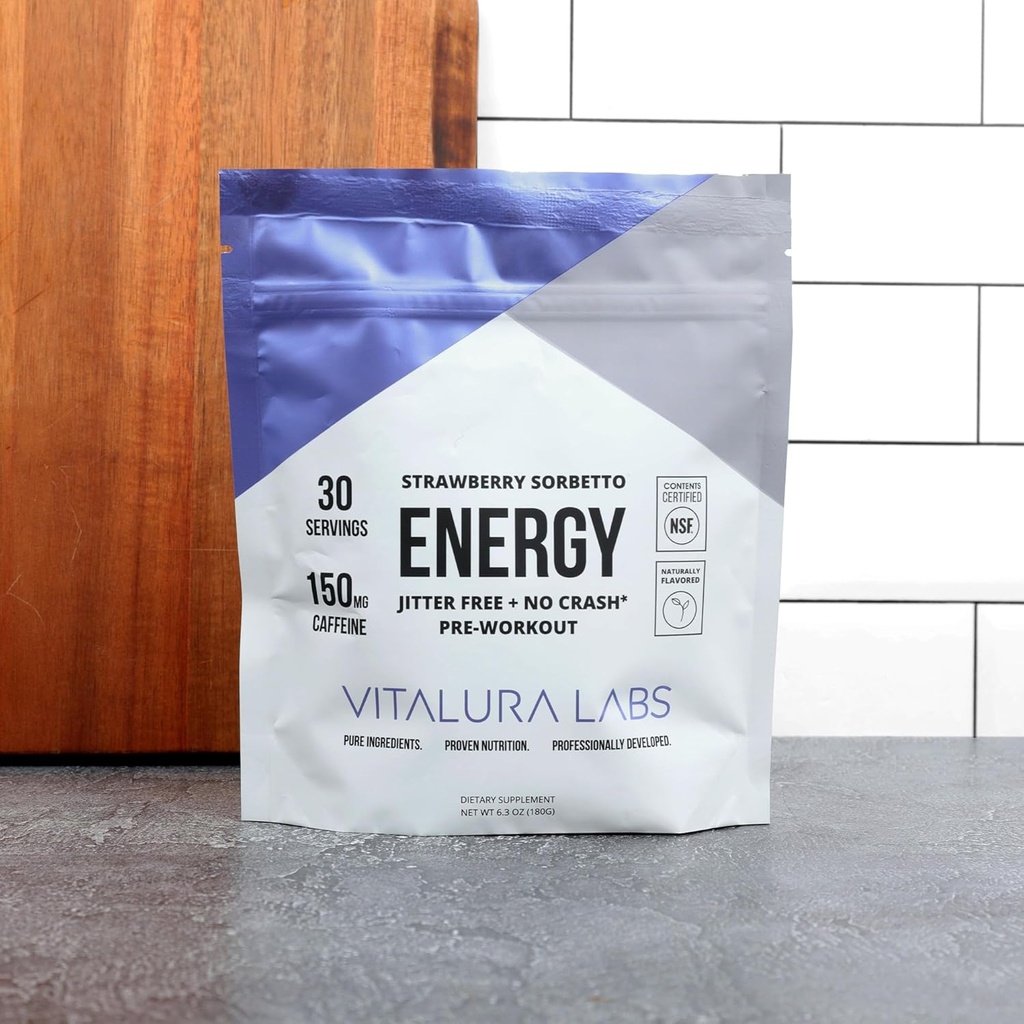 Vitalura Labs Pre- Workout Powder - Kofeina, Theacrine, Rhodiola & L- Theanine for Energy & Endurance - NSF Content Certified - Truskawka Sorbetto Flavored - 30 Servings