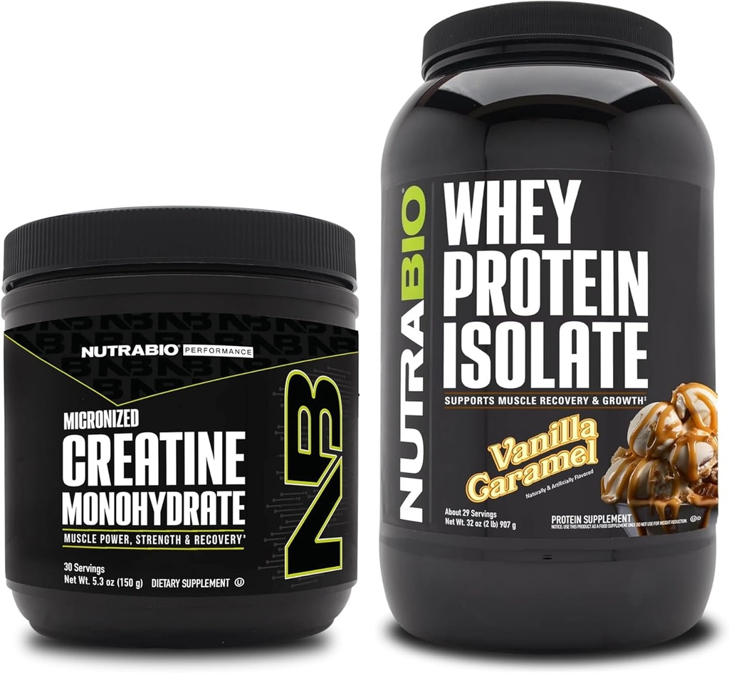 Monowodzian NutraBio Creatine, nieflaworyczny, 150g i izolat białka serwatkowego, karmel waniliowy, suplement Bundle - Energia mięśniowa, Lean Muscle Growth, Odzysk i Siła