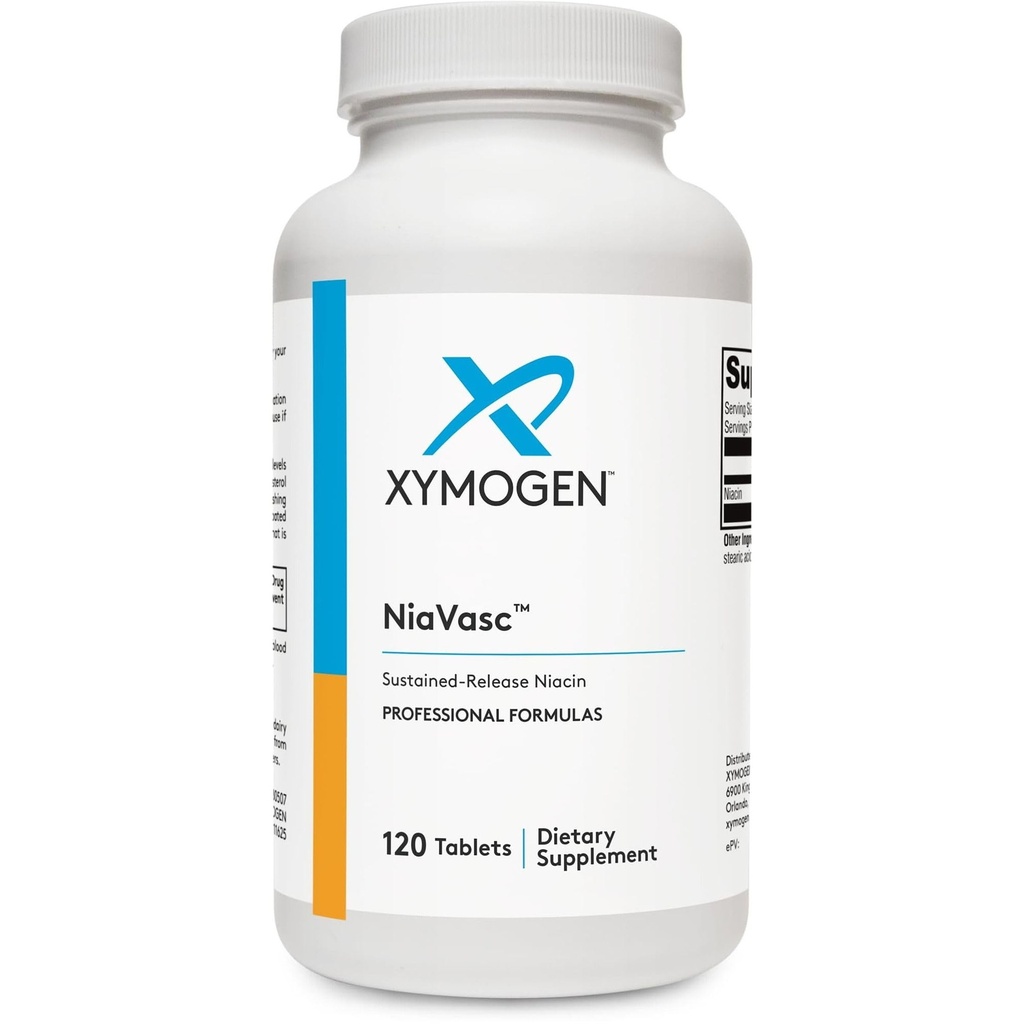 XYMOGEN NiaVasc Niacin 500mg - Trwała uwalnianie Niacyny w celu zmniejszenia efektu spłukiwania - wspomaga utrzymanie zdrowych lipidów we krwi (120 tabletek o czasie uwalniania)
