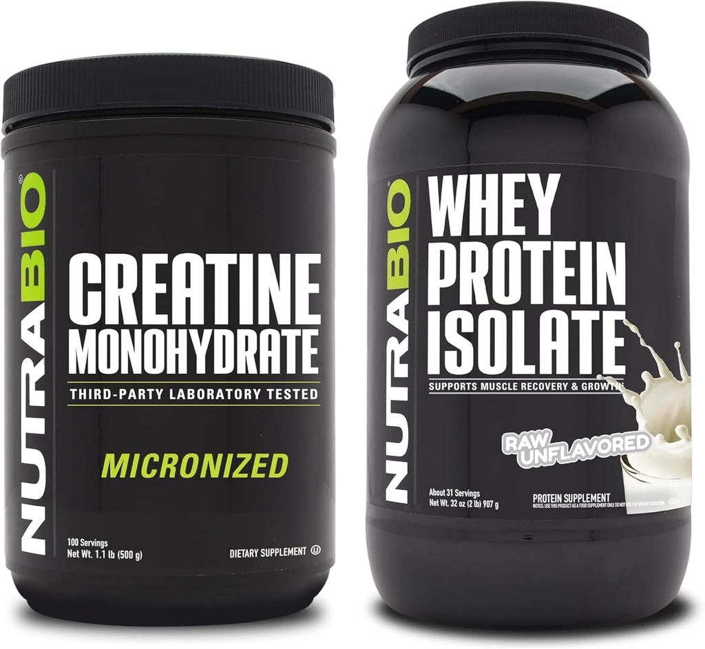Monowodzian NutraBio Creatine, Nieflawored, 500 g i izolacja białka serwatkowego, Nieflawored, Suplement Paleta - Energia mięśniowa, Lean Muscle Growth, Odzysk i Siła