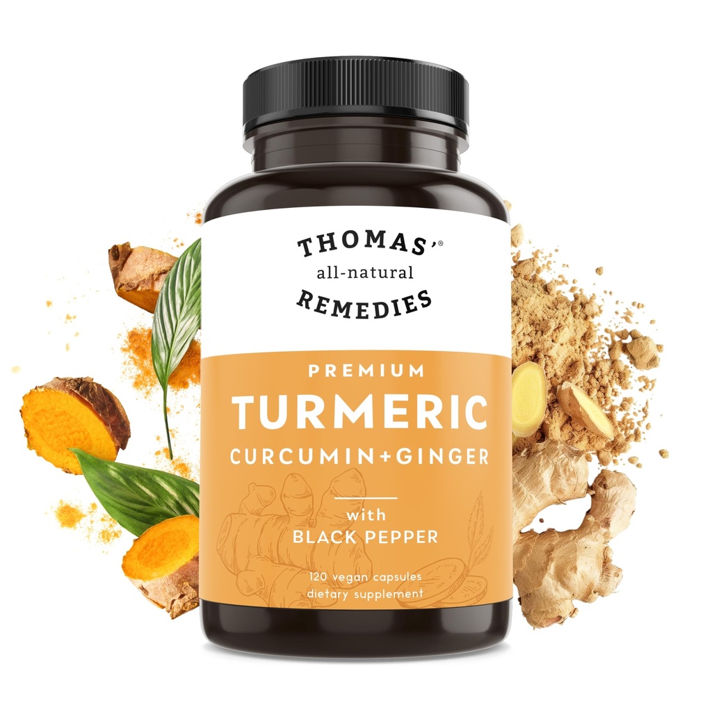 Wszystkie naturalne środki zaradcze Thomasa Kurkumina i Ginger z Black Pepper, Organic Turmeric Joint Support Support Support - 95% Kurkumina - NO wypełniacze, Wegan - 120ct