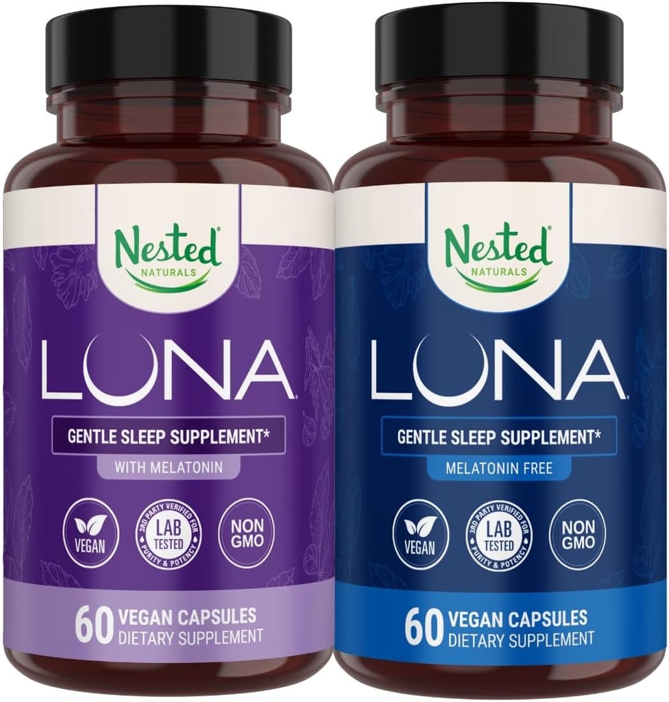 Nested Naturals Luna Sleep Assistance Bundle 124; Luna & Luna Melatonin Free Sleeping Pills with Natural Ingredients Melatonin, Valarien, & More (120 Count)