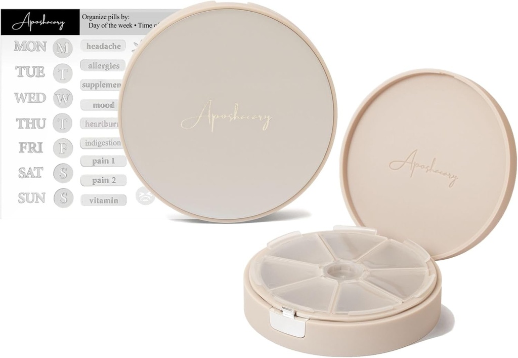 7 Komory Pill Case, Pill Box, Daily Pill Organizer, Travel Pill Organizer, Medication Organizer, Dostosowalny Pill Dispenser z Naklejkami etykiet (Pearl Cream)